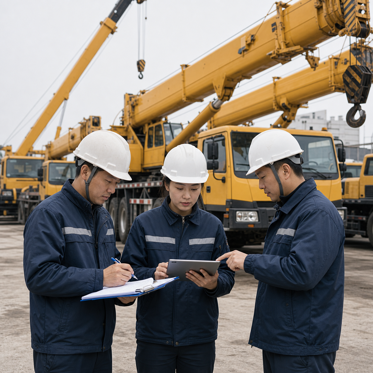 Sourcing specialists reviewing crane inventory