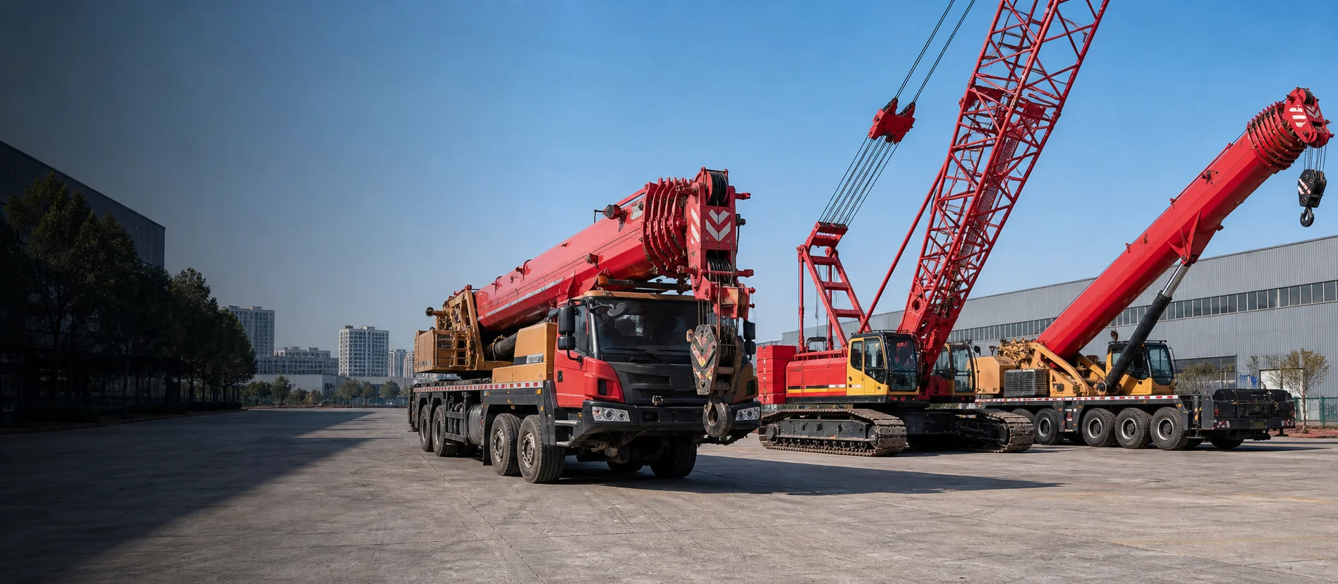 Used SANY truck, crawler, and all-terrain cranes in an equipment yard