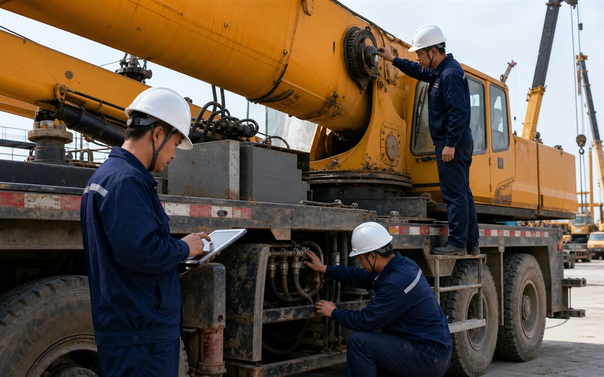 Equipment engineers checking a used mobile crane's records, hydraulics, and boom connection