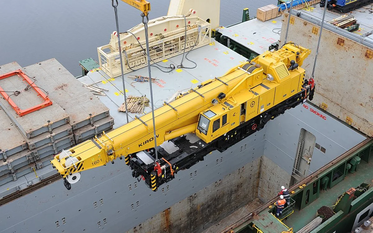 Mobile crane being loaded onto a cargo vessel for export