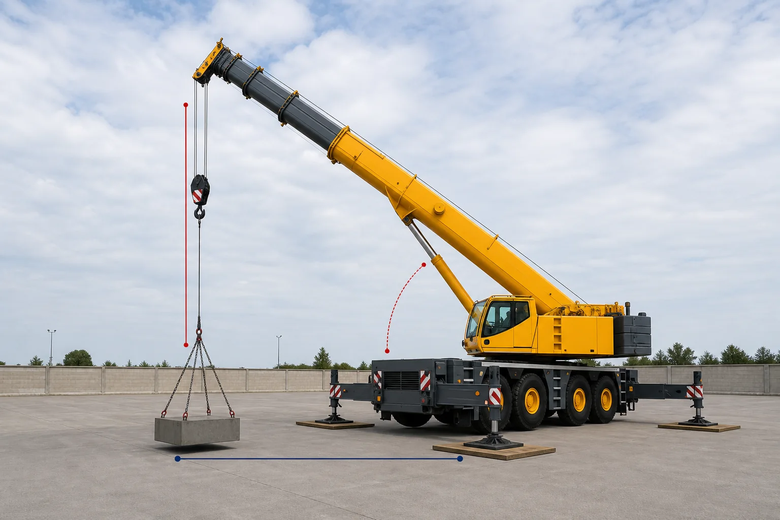 Telescopic mobile crane on outriggers with visual guides for working radius, hook height, and boom angle
